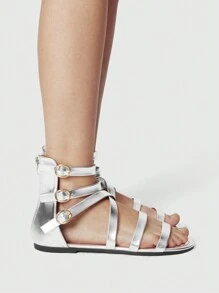 ROMWE Grunge Punk Minimalist Multi-Strap Crisscross Roman Sandals, Metal Buckle, Round Toe, Silver Color, Women PU Flat Sandals Suitable For Daily Commute, Shopping, Walking