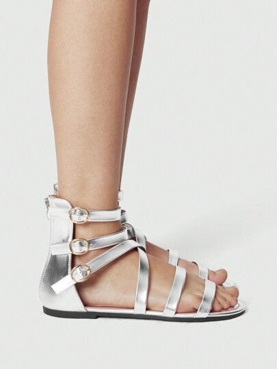 Grunge Punk Minimalist Multi-Strap Crisscross Roman Sandals, Metal Buckle, Round Toe, Silver Color, Women PU Flat Sandals Suitable For Daily Commute, Shopping, Walking