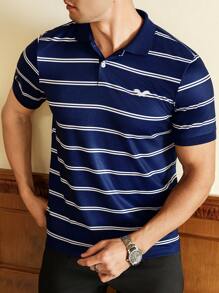 Manfinity Bizformal Camisa polo de manga corta a rayas azul marino para hombre, ideal para negocios, traslados y golf