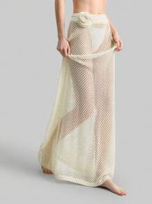 Ontre Women's Light Apricot Bohemian Style Vacation Flower Decor Hollow Out Slim Fit Beach Skirt