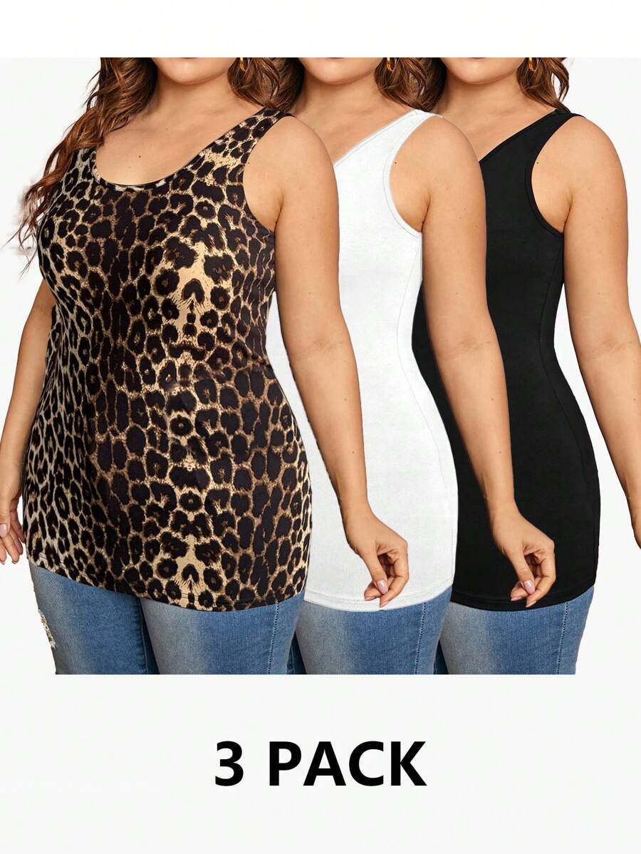 SHEIN Essnce 3pcs Plus Size Women's Tank Tops - Black and White - View 1