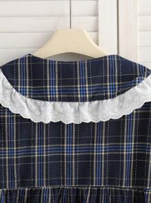 SHEIN 少女海军蓝格子荷叶边优雅长款睡衣睡袍 - 藏蓝色 - 查看 5