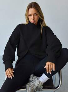 Hanevo 女式灯笼袖拉链保暖衬里运动衫，毕业典礼、教师、返校套头衫秋季 - 黑色 - 查看 5