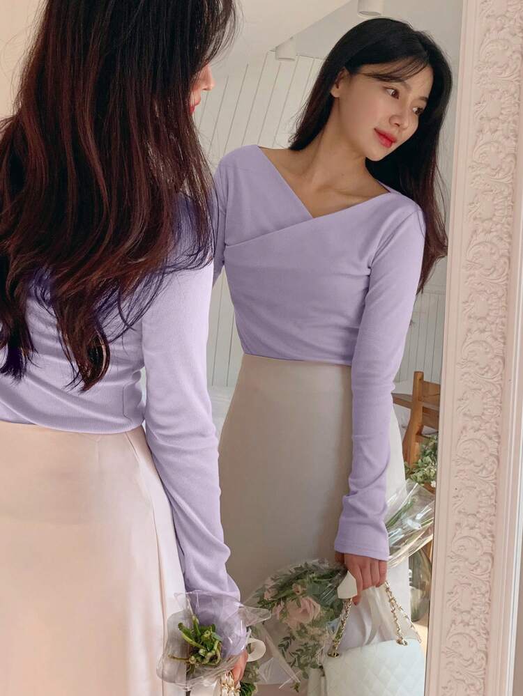 Women'sSolid Color Long Sleeve V-Neck Casual T-Shirt, Everyday Wear,Fall Clothes