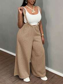 Slaydiva Plus Size Khaki Solid Color Elastic Waist Wide Leg Casual Palazzo Pants,Flowy Pants