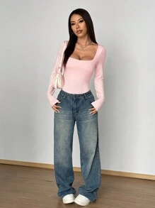 Flirla Women Brown Long Sleeve Bodysuit, Slim Fit Simple Commute Versatile Fall Cloth For Women - Pink - View 5