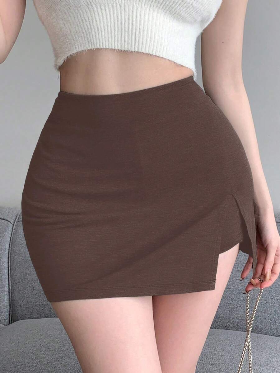 DAZY 女士纯色简约合身开衩裙，休闲日常装夏季 - 棕色 - 查看 1