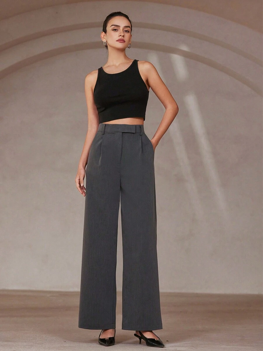 Aveloria Rosie Gray Wide-Leg Loose Pants, Classic Minimalist Design High-End Commuting Casual Trousers, Slimming - Grey - View 1