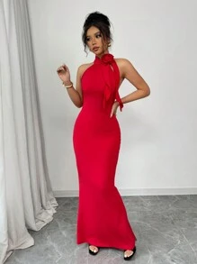 Chiquease Women's Red Rose Decor Halter Dress For Formal Ball Gown - Red - View 5