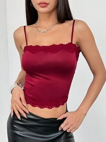SHEIN Unity Women's Solid Color Spaghetti Strap Lace Splice Casual Top, Everyday Wear - Red - View 1