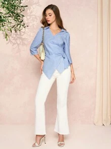 SHEIN Clasi Blue & White Striped V-Neck Tie-Up Waist Fitted Midi Sleeve Women Blouse Summer Outfits For Women Teacher Outfits For Women Teacher Shirts Blouses For Women Elegant - Blue and White - View 5