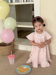 SHEIN Đầm ngủ ren hoa dễ thương cho bé gái cổ ngắn tay bèo nhún viền ren - Hồng - Xem 6