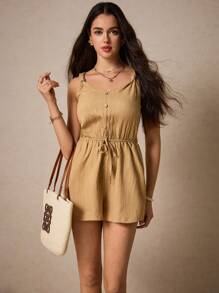 SHEIN Frenchy 夏季休闲宽松短款连体裤，前腰纽扣连体裤