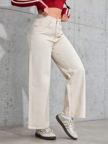 SHEIN PETITE Jeans rectos de color liso casual y sencillo - Albaricoque - Ver 4