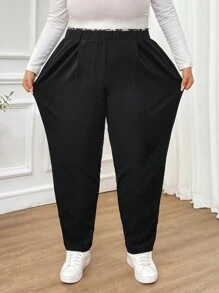 SHEIN CURVE+ 大码女装秋冬时尚休闲舒适豹纹拼接松紧腰口袋黑色裤子，女式下装，秋季女装，工作裤，教师服，曲线裤，办公室装，商务休闲女装 - 黑色 - 查看 4