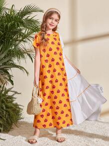 SHEIN Leap Crew Tween 女童宽松休闲花卉印花撞色块圆领短袖中长连衣裙 - 黃色 - 查看 6