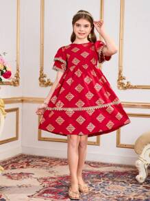 Vestido corto casual y elegante para niñas preadolescentes con manga de volantes y estampado floral