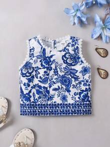 Floral Print Sleeveless Casual Blouse For Young Girls, Suitable For Vacation - Blue - View 3
