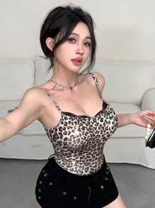 DAZY Women's Leopard Print Lace Patchwork Tank Top Cheetah Print