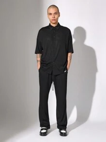 SUMWON Ribbed Knit Coordinated Set Premium Streetwear Oversized Button-Down Shirt Regular Fit Pants Loungewear Urban Fashion Modern Minimal Design Co-Ord Matching Set All-Season Comfort - Black - View 1