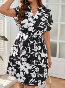 SHEIN Frenchy Summer Plus Size Boho Vacation Batwing Sleeve Notched Neck Tie Waist Dress