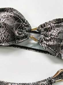 2pcs/Set Sexy Random Print Bandeau Top With Drawstring Tie Side Bikini Set, Women, Summer