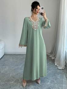 Al Najma Women's Embroidered Applique Flare Sleeve Arabic Style Dress, Modest Kaftan - Cadet Blue - View 3