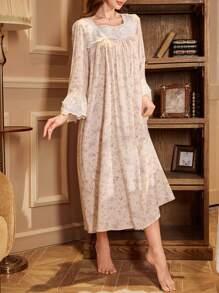 PalaceNights Vintage Ditsy Floral Loose Long Sleeve Lace Patchwork Maxi Nightgown Babydoll Luxe Loungewear, Vacation