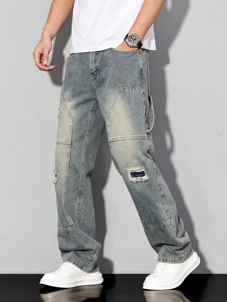Manfinity Homme 男式破洞口袋休闲牛仔裤，日常穿着