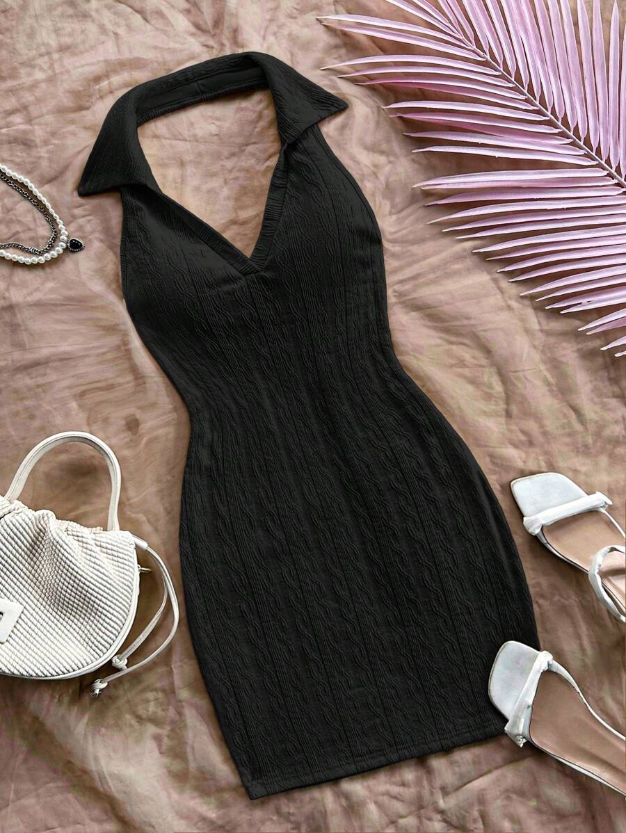 Soleia 休闲度假提花针织面料露肩方领女式连衣裙 - 黑色 - 查看 1