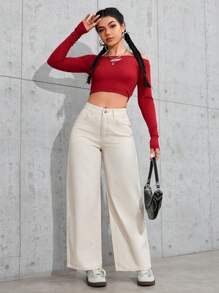 SHEIN PETITE Jeans rectos de color liso casual y sencillo - Albaricoque - Ver 2