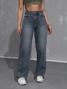 SHEIN ICON Pantalones de mezclilla anchos informales para mujeres con ajuste holgado y bolsillos