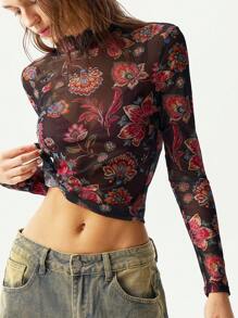 Bohemela Women Floral Print Long Sleeve Mesh Cropped Top - Black - View 2