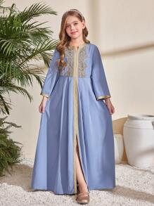 Tween Girl Casual Floral Trim Ribbons Long Dress - Blue - View 7