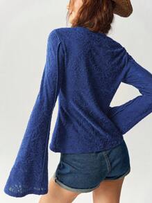 Bohemela BOHO Women's Casual Solid Color Knit Spliced Lace Flare Long Sleeve Slim Fit Regular T-Shirt