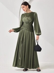 Veilorie Đầm Abaya cổ tròn tay đèn lồng màu trơn cho nữ, kín đáo - màu xanh lá - Xem 4