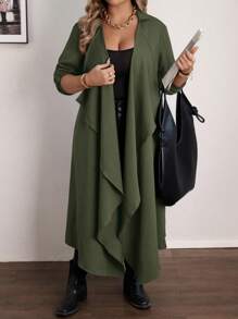 Flirla Plus Size Casual Waterfall Collar Long Coat , For Christmas Women Fall Clothes Winter Autumn - Army Green - View 4