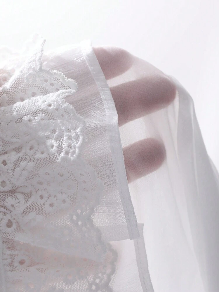 Blusa Feminina de Manga Longa com Punho de Laço, Babado de Tule Transparente, Roupas Femininas de Outono