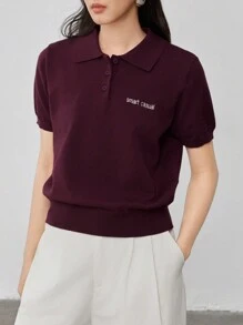 Dazy-Less Women's Casual Embroidered Letter Short Sleeve Knitted Sweater Top, Business Casual,Back To School Clothes,Teacher Outfits - Red - View 1