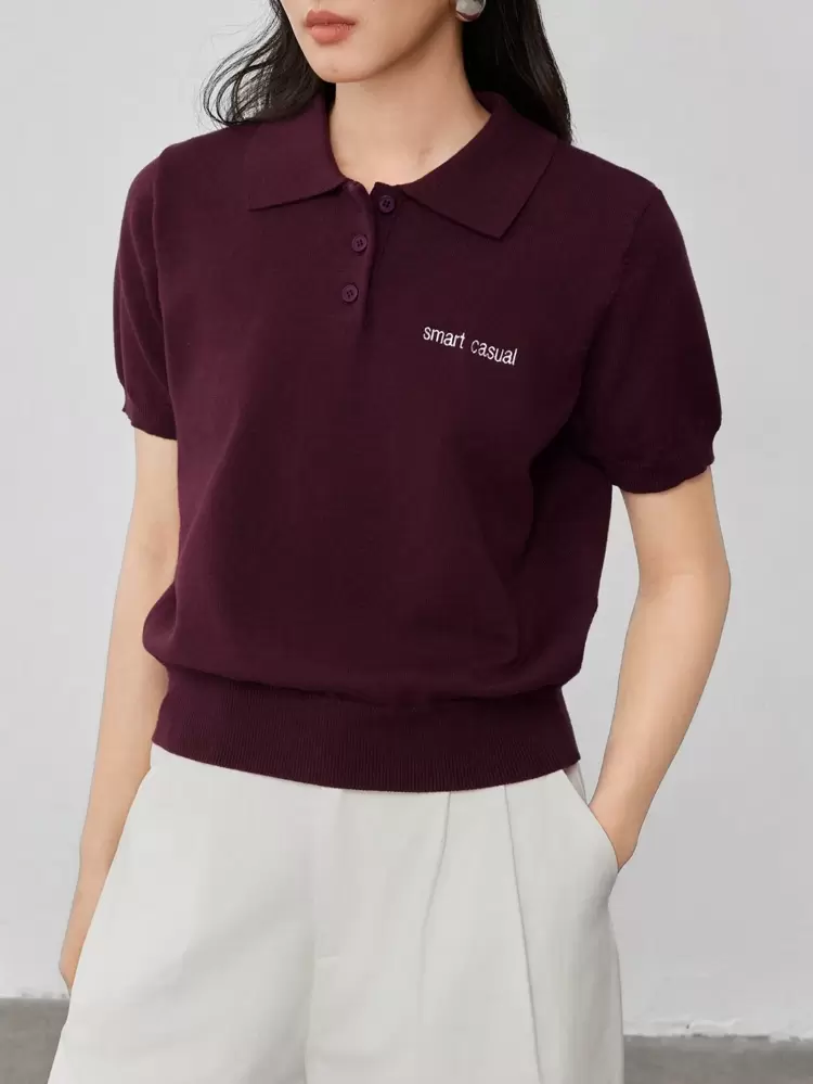 Women's Casual Embroidered Letter Short Sleeve Knitted Top, Business Casual, Back To School , Teacher