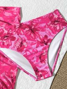 SHEIN Conjunto de 3 piezas de traje de baño con estampado floral para vacaciones en la playa para adolescentes, color rosa - Rosa Fucsia - Ver 6