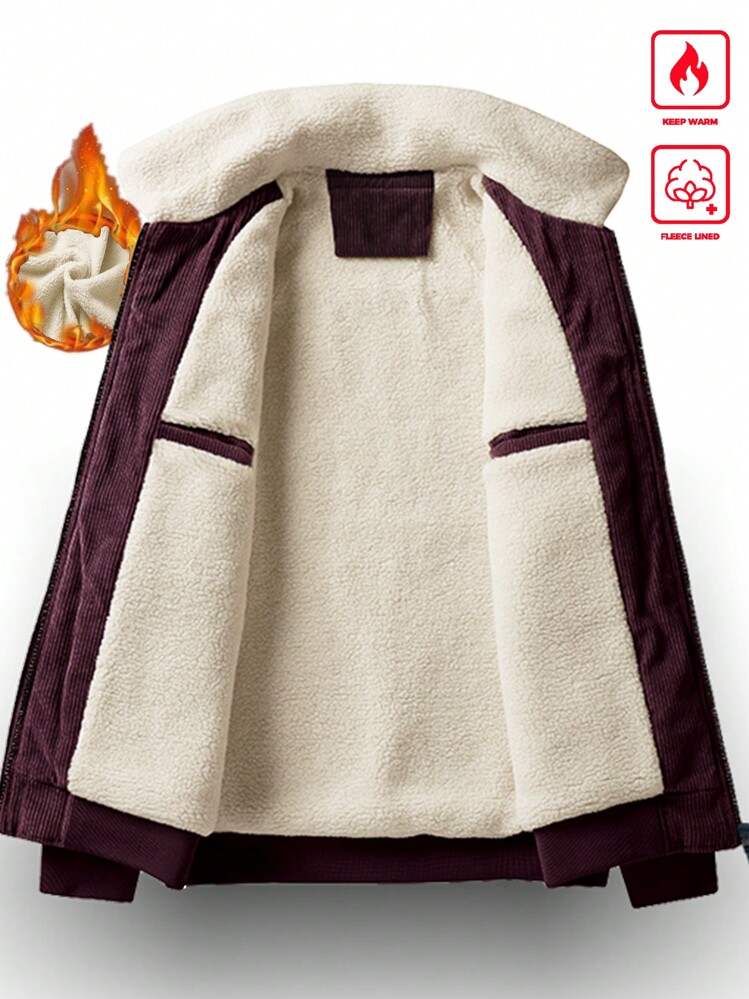 Manfinity Homme 男士长袖宽松灯芯绒拼接细节保暖内衬夹克，适合秋冬季节，朋克风 - 酒紅色 - 查看 5