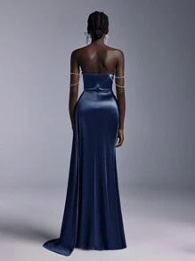 Elitara Luxurious Off-Shoulder Beaded Trim High Slit Fish Tail Maxi Evening Dress (Heavy Embellishment) For Women, Elegant Formal Gown, For Wedding Guest, Graduation, Dinner Party Dress - Navy Blue - View 5