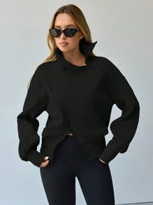 Hanevo 女式灯笼袖拉链保暖衬里运动衫，毕业典礼、教师、返校套头衫秋季 - 黑色 - 查看 4