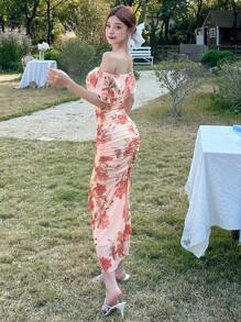 DAZY 1pc Women's Casual Midi Dress, Minimalist & Fashionable For Everyday Wear Summer Floral Cruise Women Outfits Sundress Off Shoulder Top