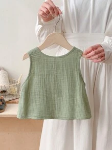 SHEIN LMoss Kids 年轻女孩 LMoss 休闲蝴蝶结细节宽松露背系带纹理面料 A 字背心春夏 - 綠色 - 查看 2
