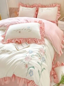 Floral Letter Pattern Bedding Set, Minimalist & Fresh For Home Use,Fall Decor,Autumn Decor,Room Decor