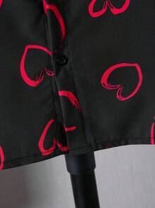 Tween Boy Valentine's Day Casual Short Sleeve Shirt, Collared Heart Print Top For Summer - Black - View 3
