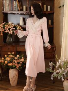 French Retro Lace-Patchwork Long Sleeve Bathrobe - Baby Pink - View 5
