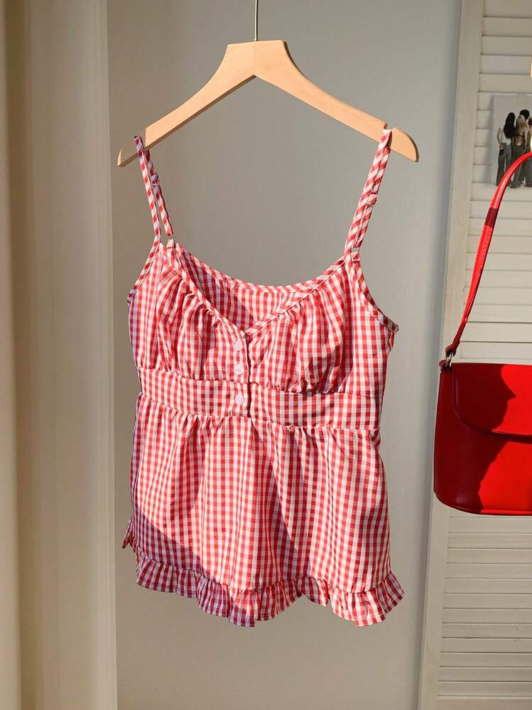 Comfortcana Blusa casual con botones y tirantes finos con estampado de cuadros para uso diario de mujeres